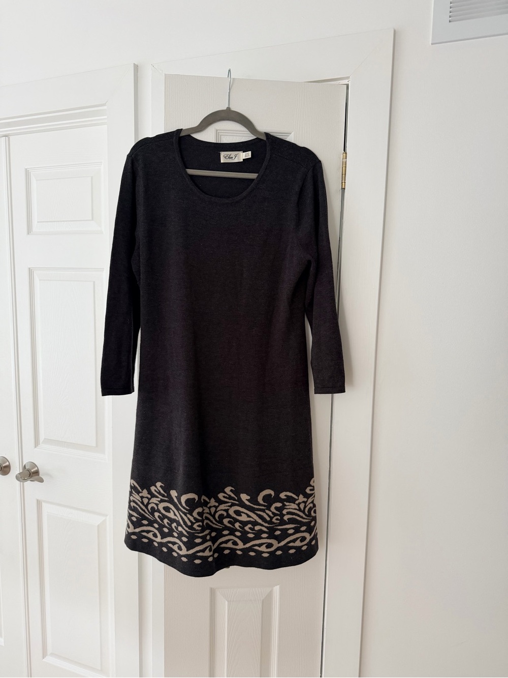 Brown Knit Dress with Beige Scroll Hem